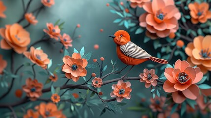 Obraz na płótnie Canvas happy cheerful springtime nature landscape flower blossoming with bird, paper cut craft sculpture artistic background illustration, Generative Ai