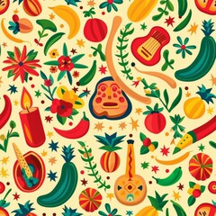 Colorful Pattern of Fruit and Vegetables on White Background