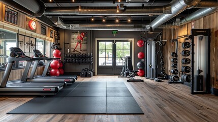 A small fitness studio with wood floors, a variety of exercise equipment, and a punching bag.