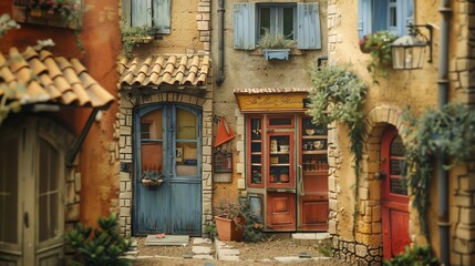 Charming and colorful Mediterranean village. Small shops and cafes line the narrow streets, and flowers adorn the buildings.