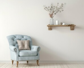 3d rendering of white wall background in living room interior design with light blue armchair and wooden shelf mock up