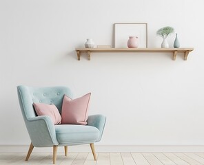 3d rendering of white wall background in living room interior design with light blue armchair and wooden shelf mock up