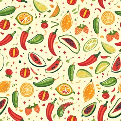 Vibrant Fruits and Vegetables Pattern on White Background
