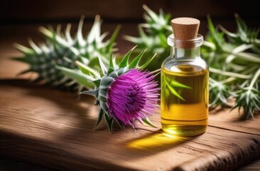 Obraz na płótnie Canvas a small transparent glass bottle of milk thistle oil on a wooden table, a bouquet of fresh purple flowers, eco-friendly medicinal solution, natural background, sunny day