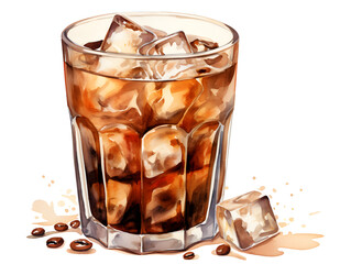 Watercolor illustration of black iced coffee in a glass on white background 