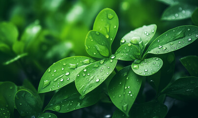 A group of green leaves with water drops on them