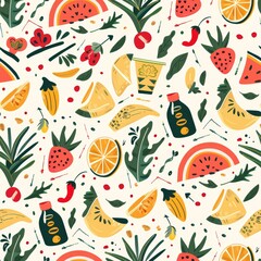 Vibrant Fruit and Vegetable Pattern on White Background