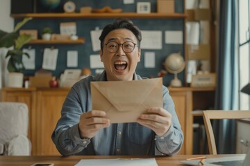 Happy and successful asian received mail notification envelope with good news, man sitting at table at home, working in home office in living room, joyfully celebrating winning, Generative AI - obrazy, fototapety, plakaty