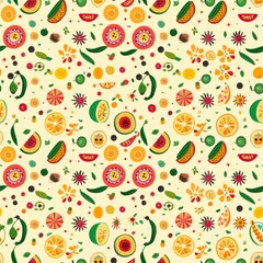 Vibrant Fruit and Vegetable Pattern on White Background