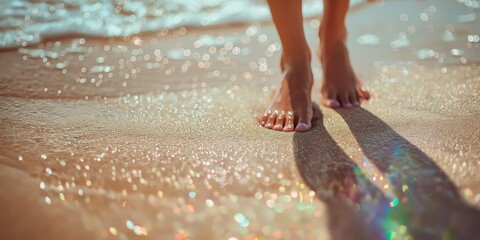 Women's bare feet on the sand, the grains of sand shine colorfully in the light from the sunny daylight on the sea beach - obrazy, fototapety, plakaty