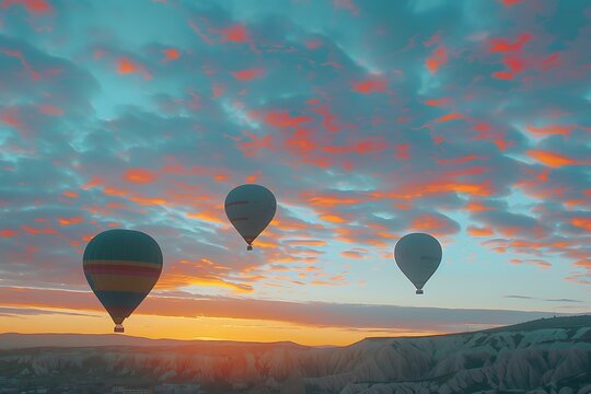 : Hot air balloons ascending into a sky painted with the colors of sunrise.