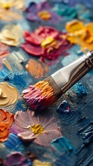Close-up of a brush painting multicolored flowers on canvas, artistic drawing, creative painting