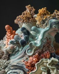An intricate, colorful digital sculpture with a complex, coral-like structure creates a captivating...