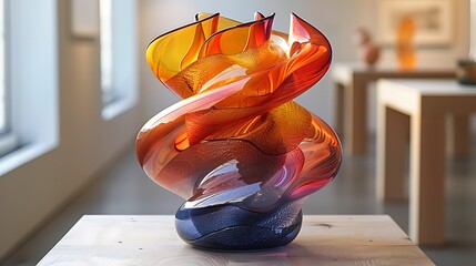 Colorful glass sculpture with an intricate design placed on a wooden table indoors, reflecting light and showcasing vibrant hues 