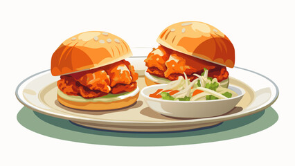 A plate of spicy buffalo chicken sliders, served with a side of crunchy coleslaw. on white background
