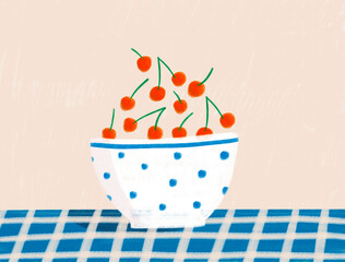 Cherries bowl on kitchen table. Fruit food vintage, summer joy