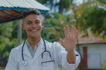 A young Latin American doctor smiles and looks at the camera, the man holds a tablet computer in his hands and waves a friendly gesture of greeting, walks outside the clinic in the, Generative AI - Powered by Adobe
