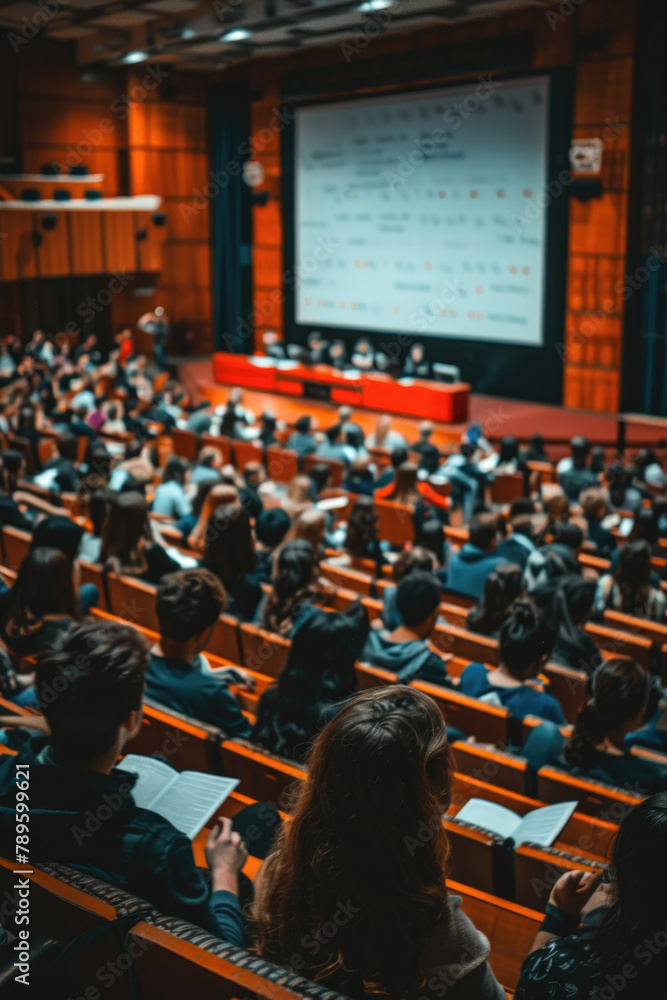 Poster a crowded lecture hall with numerous individuals seated, attentively watching a projector screen at 