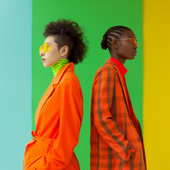 Models wearing minimalistic clothes for an editorial campaign, deconstructed tailoring, in the style of bold fashion photography,  bold color usage, coloured background, dramatic use of color, fun