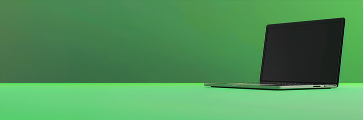 Laptop web banner. Laptop isolated on green background with space for text.