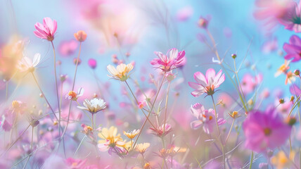 Fototapeta na wymiar Vibrant Pastel Flower Meadow, Spring Landscape