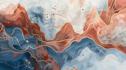 abstract red blue mountain background; a flowing mountainous landscape. Fluid lines in shades of red, white, and blue meander across the canvas