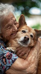 Portrait of an adorable elderly woman smiling and hugging her senior dog.