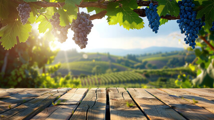 Rustic Wooden Table with Vineyard Backdrop