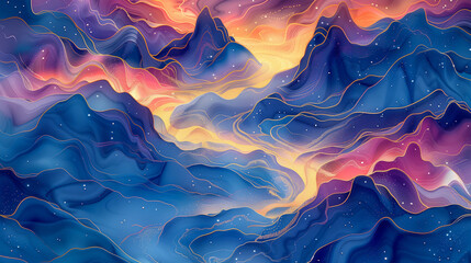 abstract mountain 3d background; a vivid fantasy landscape, in a flowing, layered style, with a warm color palette that transitions from deep blue to vibrant orange