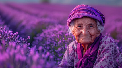 An elderly woman stands amidst a vast lavender field, surrounded by blooming purple flowers, under...
