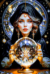A beautiful mysterious fortune teller with piercing eyes predicts fate on a magic ball