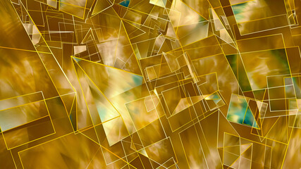 abstract background with gold,  a dynamic array of gold-colored geometric shapes, with varying degrees of transparency and overlapping forms