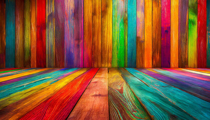 Colorful rainbow colors wooden planks background. Product mockup.