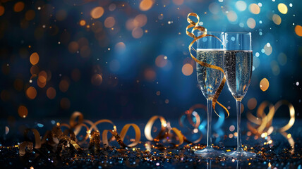 Festive New Year Bokeh with Champagne and Golden Accents - obrazy, fototapety, plakaty
