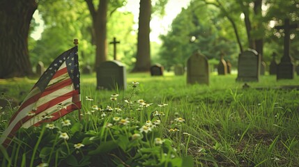 Cemetery in a green meadow with an american flag on each gravestone for the celebration of memorial day 