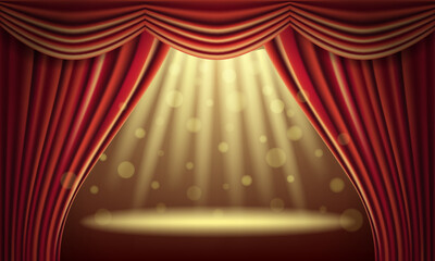 Red 3D curtains and illuminated scene with bokeh effect. Grand opening, presentation.Banner with copy space.Vector stock illustration.