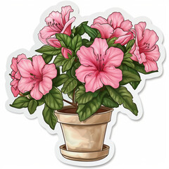 sticker, pink azalea, pot, contoured, white background, flower, plant, botanical, potted plant, decoration, floral design,  - obrazy, fototapety, plakaty