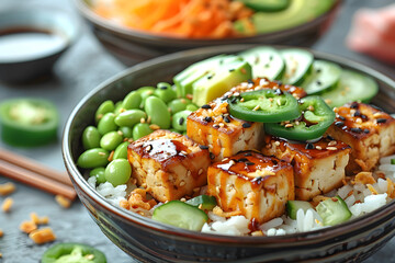 Blockes of tofu, nicely browned in teriyaki sauce, served on bed of sticky rice with edamame, cucumber, avocado and teriyaki