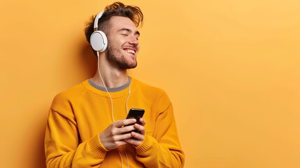 Handsome Caucasian boy, eyes closed, listening to music with headphones connected to the phone, yellow background