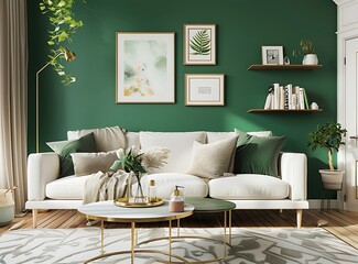 A bright living room with emerald green walls