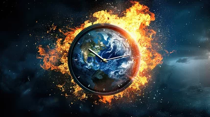 Fotobehang Planet earth as the doomsday clock on fire © MiguelAngel