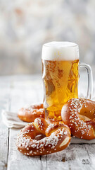 Refreshing Beer and Pretzel on White Wood