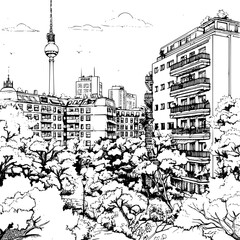 Urban Berlin City Skylines Line Art with Greenery, Detailed Sketch