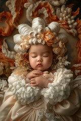 Fototapeta premium A baby girl wearing a white dress with flowers on her head