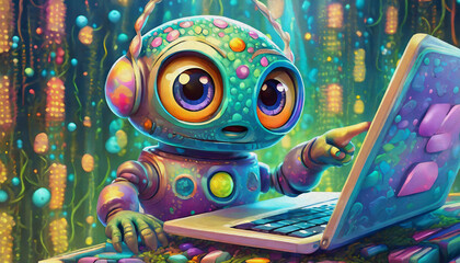 oil painting style CARTOON CHARACTER big electronic brain robot hold a lap top,