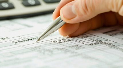 A person holds a pen over a paper with a calculator in the background, appearing to be working on calculations or writing
