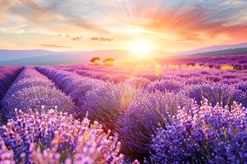 Fototapeta premium : Lavender field in full bloom with a majestic sunrise in the background.