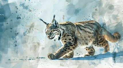 Lynx gracefully stalking through snow winter landscape Cool blues and whites vintage illustration serene atmosphere detailed fur texture