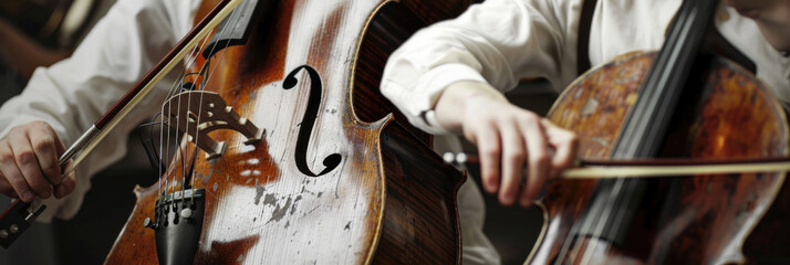 A group of men is actively engaged in playing various musical instruments together in a harmonious setting