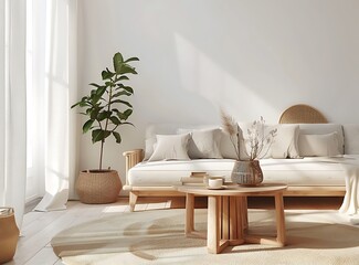 A cozy living room interior with a beige sofa